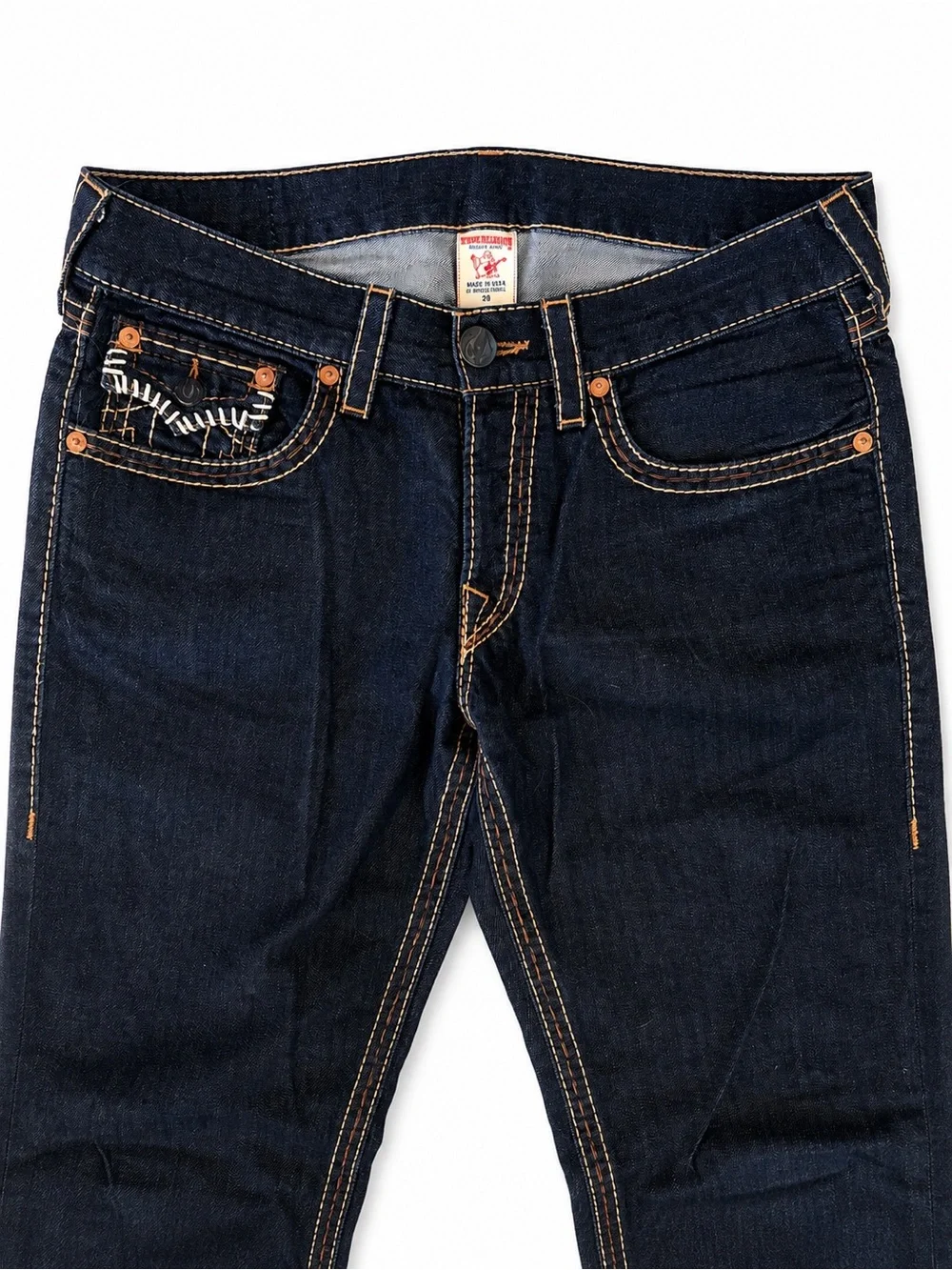 True Religion Men's Indigo Straight Leg Jeans with Contrast Stitching